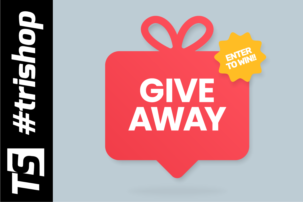 Graphic with red gift box, "GIVE AWAY" text, yellow "ENTER TO WIN!!" badge, and #trishop branding.