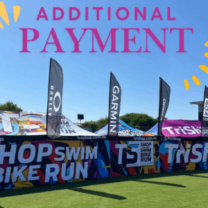 Triathlon event branding with tents, flags, and 'ADDITIONAL PAYMENT' text on a sunny day.