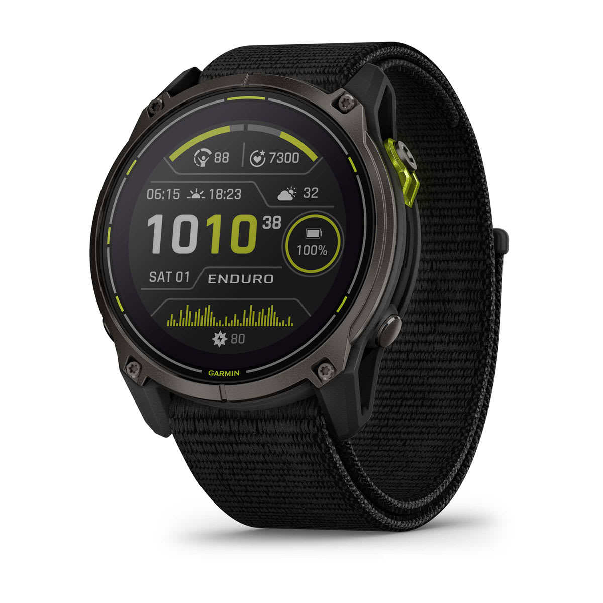 Garmin Enduro 3 - Carbon Grey DLC Titanium with Black UltraFit Nylon Strap — Front view