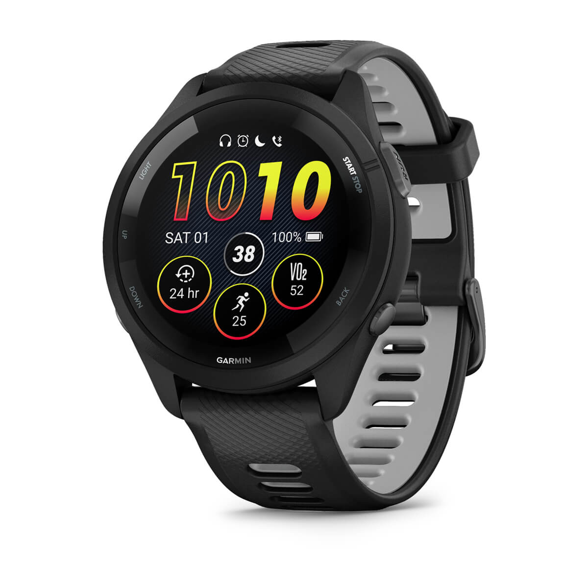 Garmin Forerunner 265 Series - Forerunner 265, Black Bezel and Case with Black/Powder Gray Silicone Band — Front view