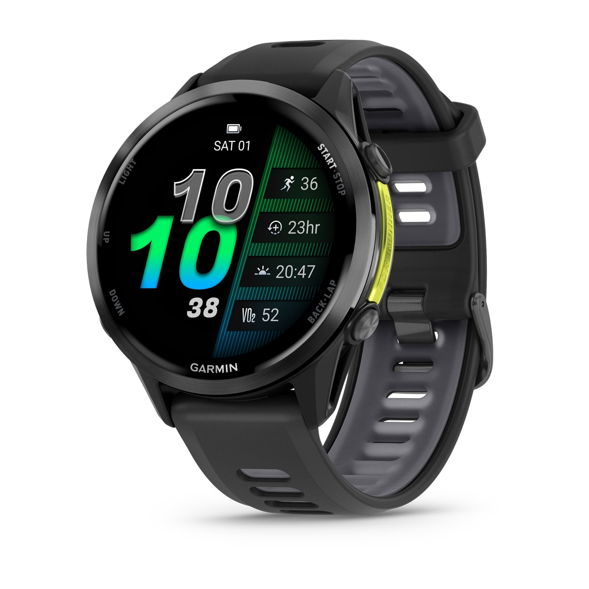 Garmin Forerunner 970 - Carbon grey dlc titanium with black case and black/translucent whitestone band — Front view