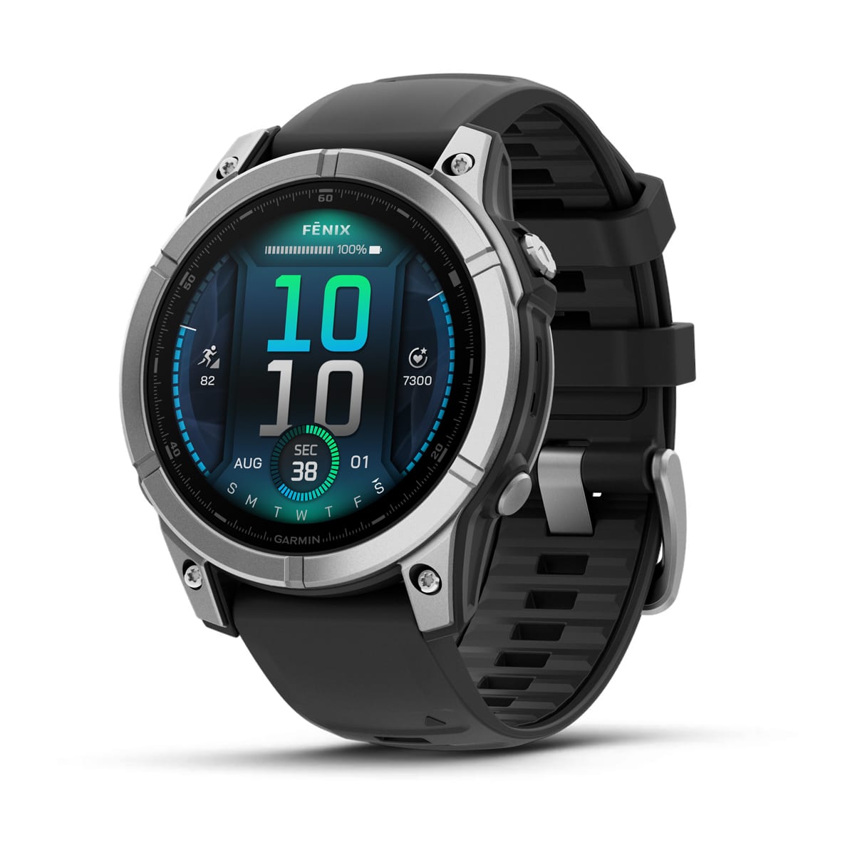 Garmin fēnix E – 47 mm, AMOLED - Stainless steel with Black Silicone Band — Front view