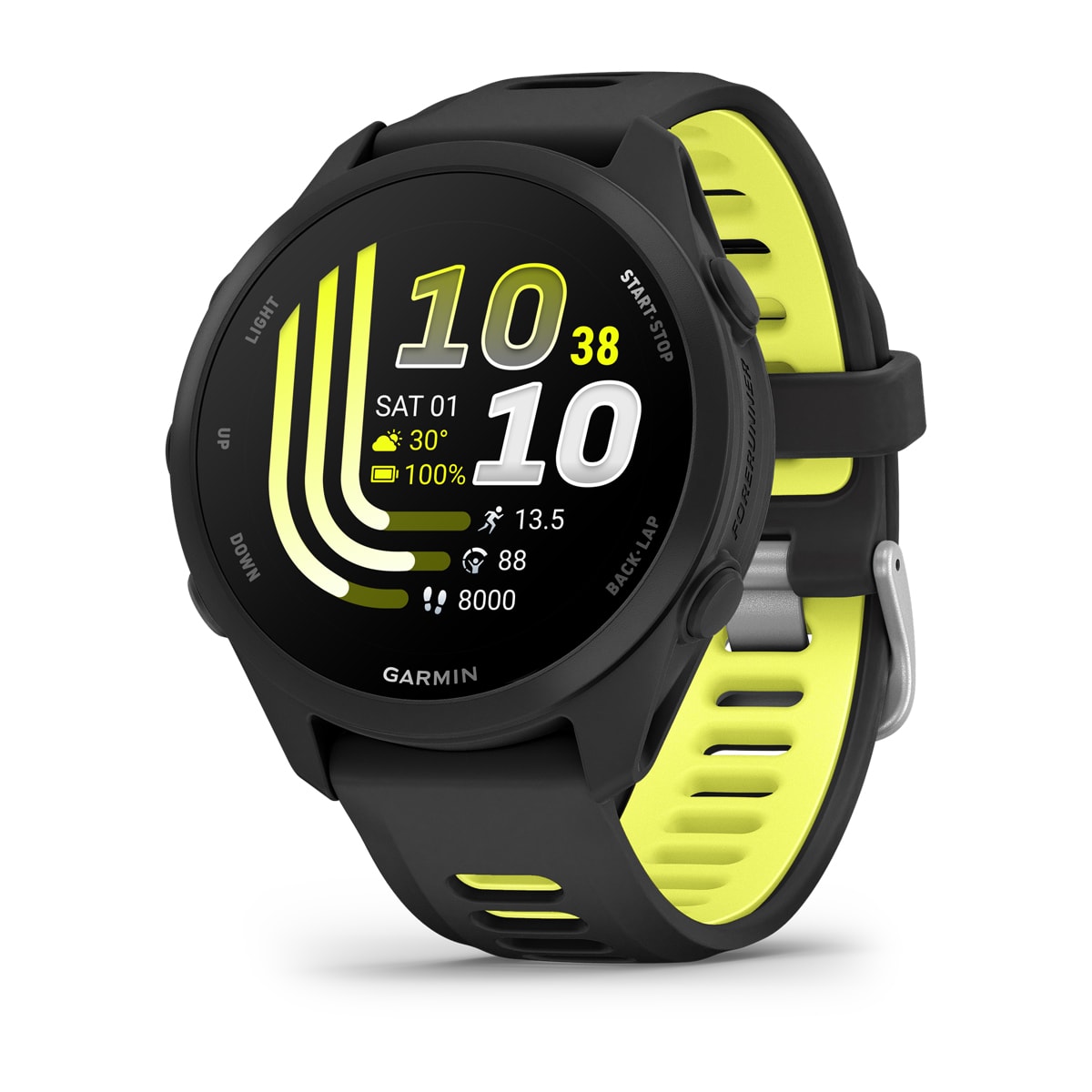 Garmin Forerunner 170 Series - Music, Black with Black/Amp Yellow Band — Front view